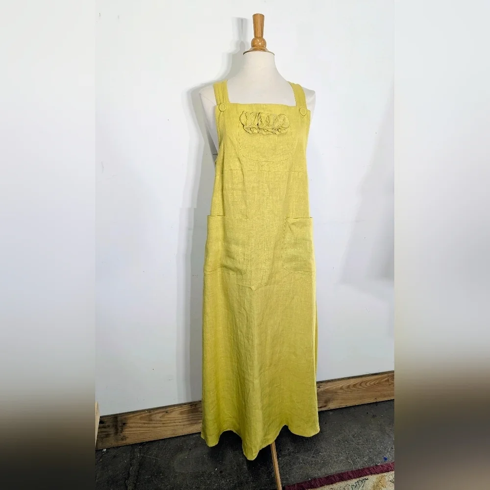 Yellow Sleeveless Linen Dress Pinafore Style Maxi With Pockets Art To Wear S Bib
